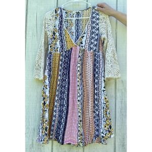 Military Hippie Lace Sleeve‎ Boho Colorful Dress Shift Knee Length Short Large L